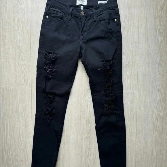 Frame Denim Jeans Women's Le Skinny de Jeanne Distress Made In USA Black - Picture 2 of 8